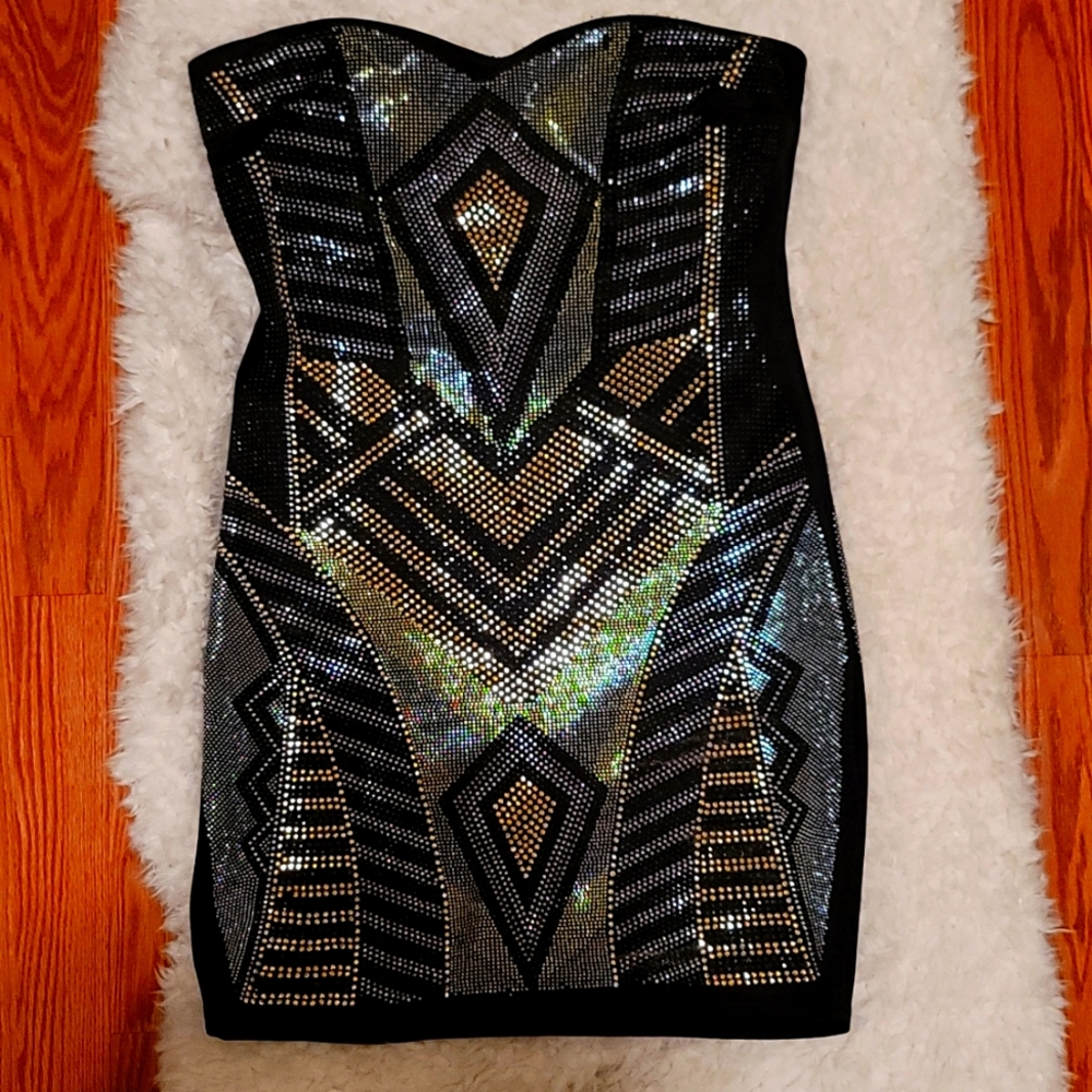 Black,Gold and Silver bebe haler mini dress